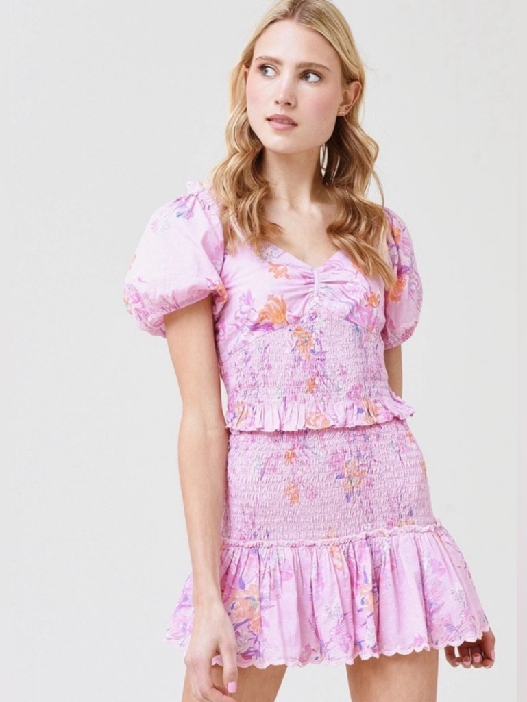 Loveshackfancy Jarrah Mini Dress Nwt Pink Floral Puff Sleeve Cottagecore Sz L